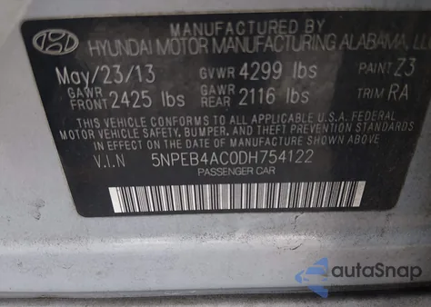 2013 Hyundai Sonata Gls из США, поврежденный, VIN 5NPEB4AC0DH754122